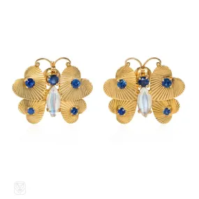 1940s moonstone, sapphire, and gold butterfly earrings