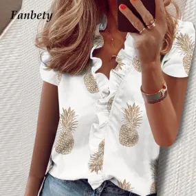 2021 Summer Elegant New Daisy Pineapple Print Short Sleeve  Sexy V-neck tops Sizes S - 3XL