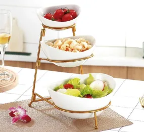 3 Tier Ceramic Bowl With Gold Stand