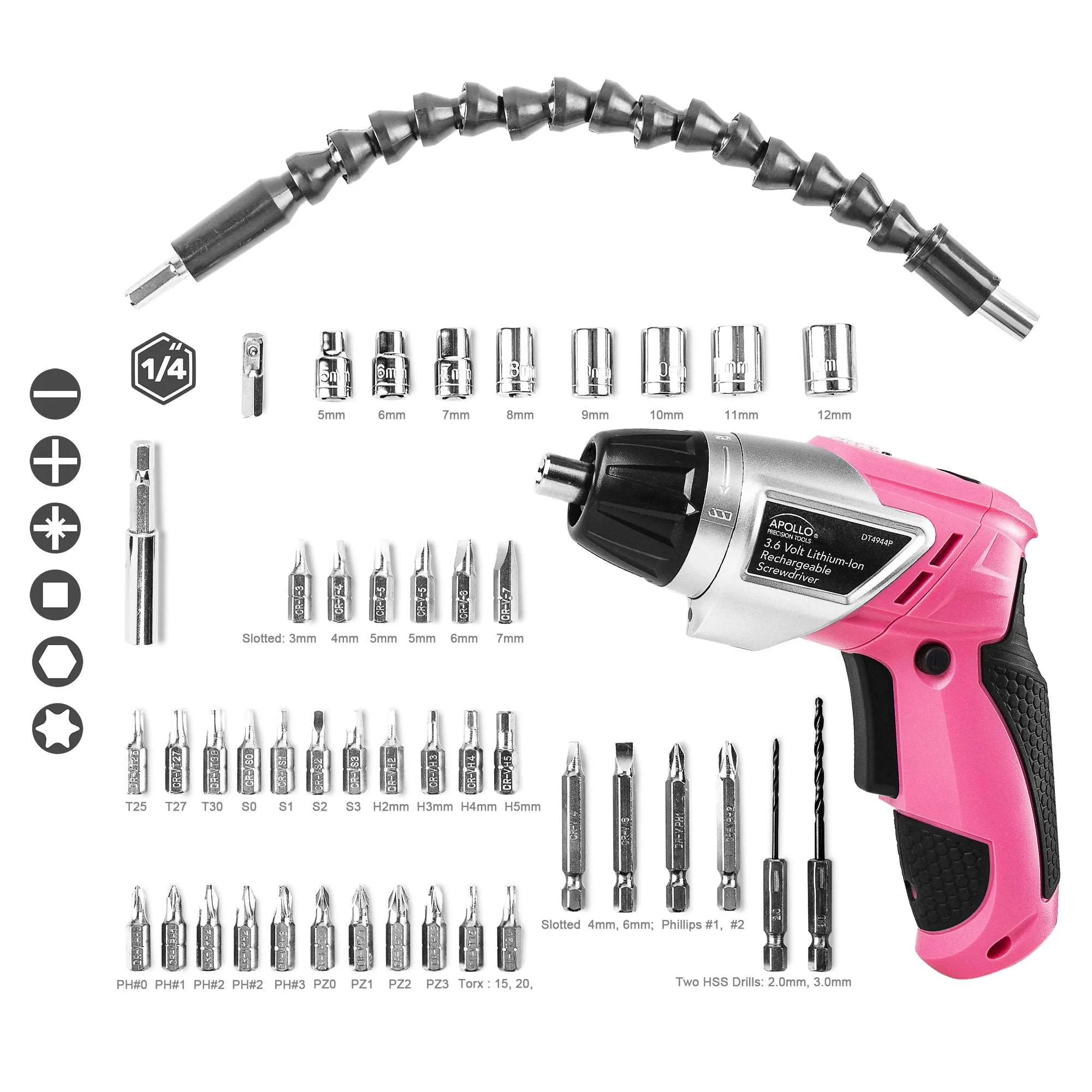 3.6 Volt Lithium-Ion Rechargeable Screwdriver with 45 Piece Accessory Set - Pink DT4944P