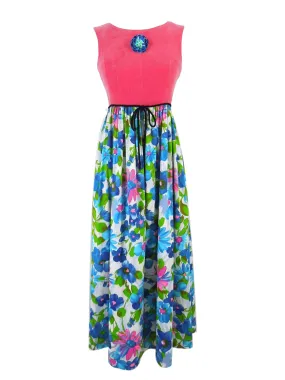 60s Maxi Dress in Hot Pink Velvet Over Floral - xs, sm