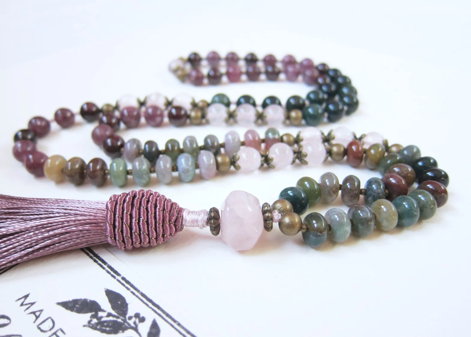 Bohemian Plum Lepidolite, Garnet, Bloodstone Tassel Beaded Necklace