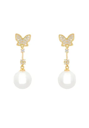 Butterfly Pearl Drop Earrings Gold