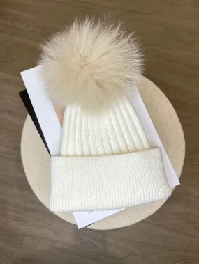 Childrens White/Beige Luxury Fur Bobble Hat