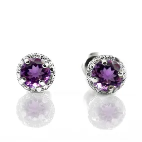 Diamond Halo Amethyst Stud Earrings in 18K White Gold Screw Back Butterflies