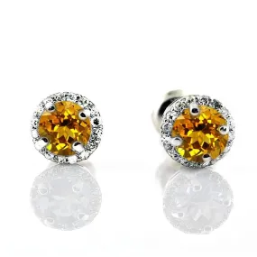 Diamond Halo Citrine Stud Earrings in 18K White Gold Screw Back