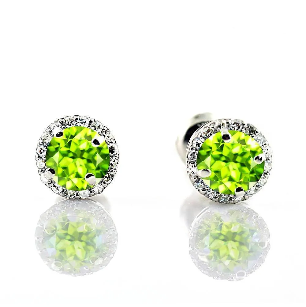 Diamond Halo Peridot Stud Earrings in 18K White Gold Screw Back Butterflies