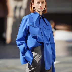 DressBetty - Royal Blue Shirt Women Lapel Blouse Feminina Fashion Safari Style Spring Summer Top