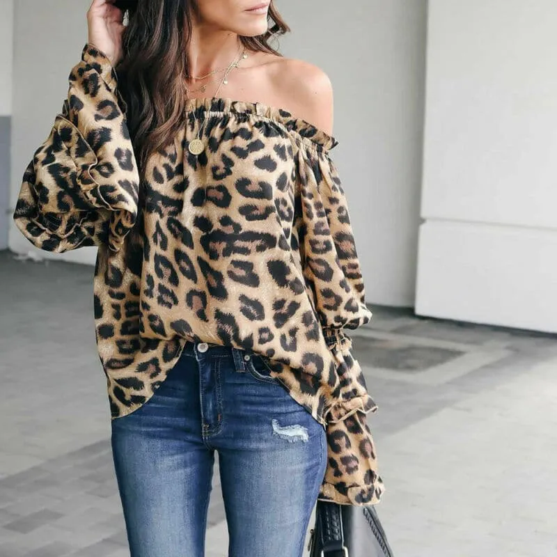 DressBetty - Women Leopard Print Long Sleeve Blouse Autumn Ladies Off Shoulder Loose Tops Shirt Casual Loose Blouse Tops