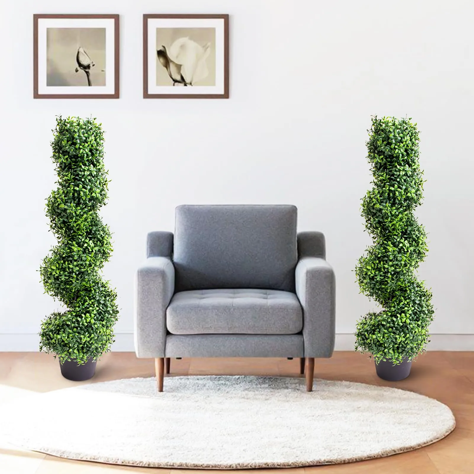 GARVEE 35 Inch Artificial Boxwood Topiary Outdoor Set of 2, Faux Plant Spiral Tree in Pot, All-Year Green Fake Plant for Indoor Front Door Porch Garden Decor