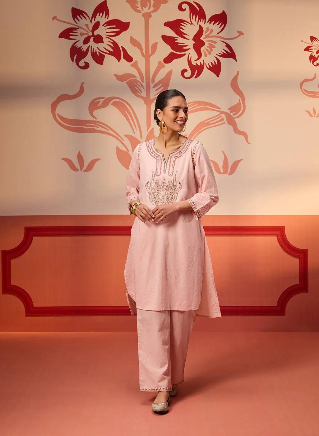 Khurshid Salmon Pink Embroidered Cotton Linen Designer Kurta Set for Women