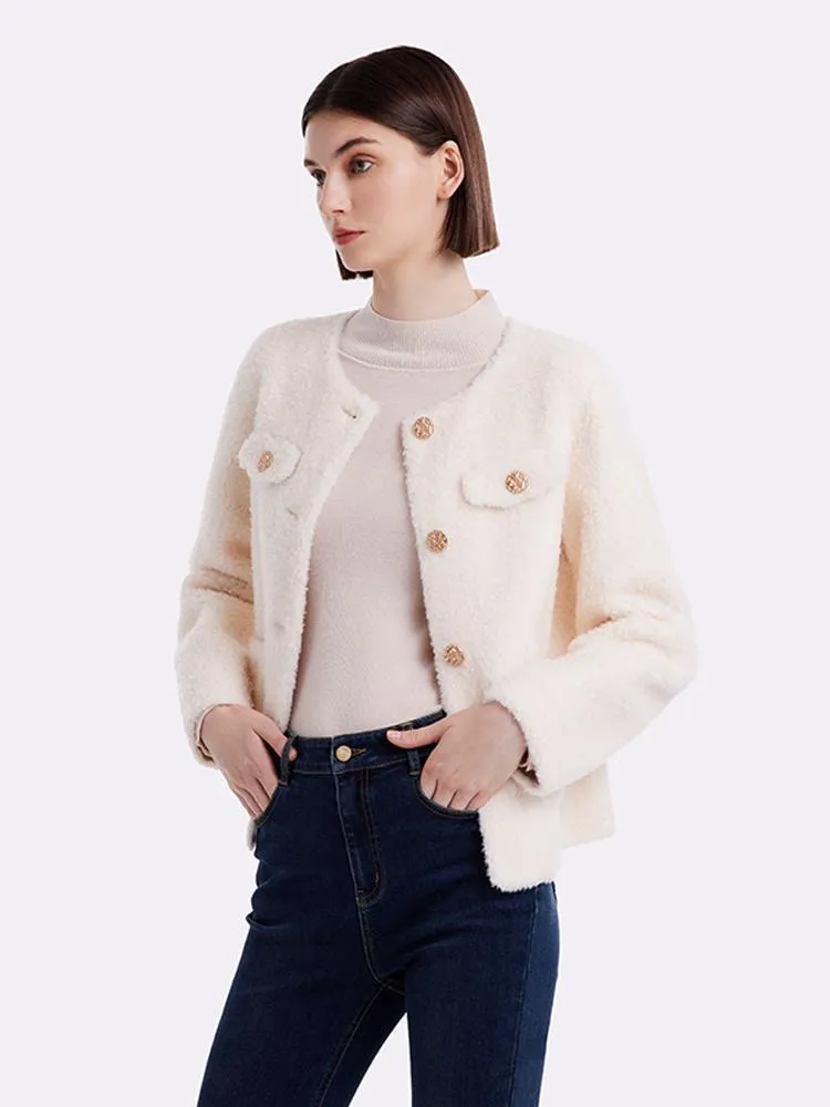 Lamb Wool Round Neck Crop Women Coat