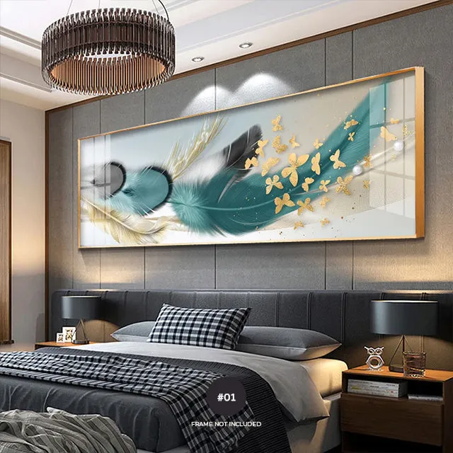 Modern Abstract Butterflies & Feathers Wide Format Wall Art Fine Art Canvas Prints Auspicious Pictures For Above The Bed Luxury Living Room Art Decor