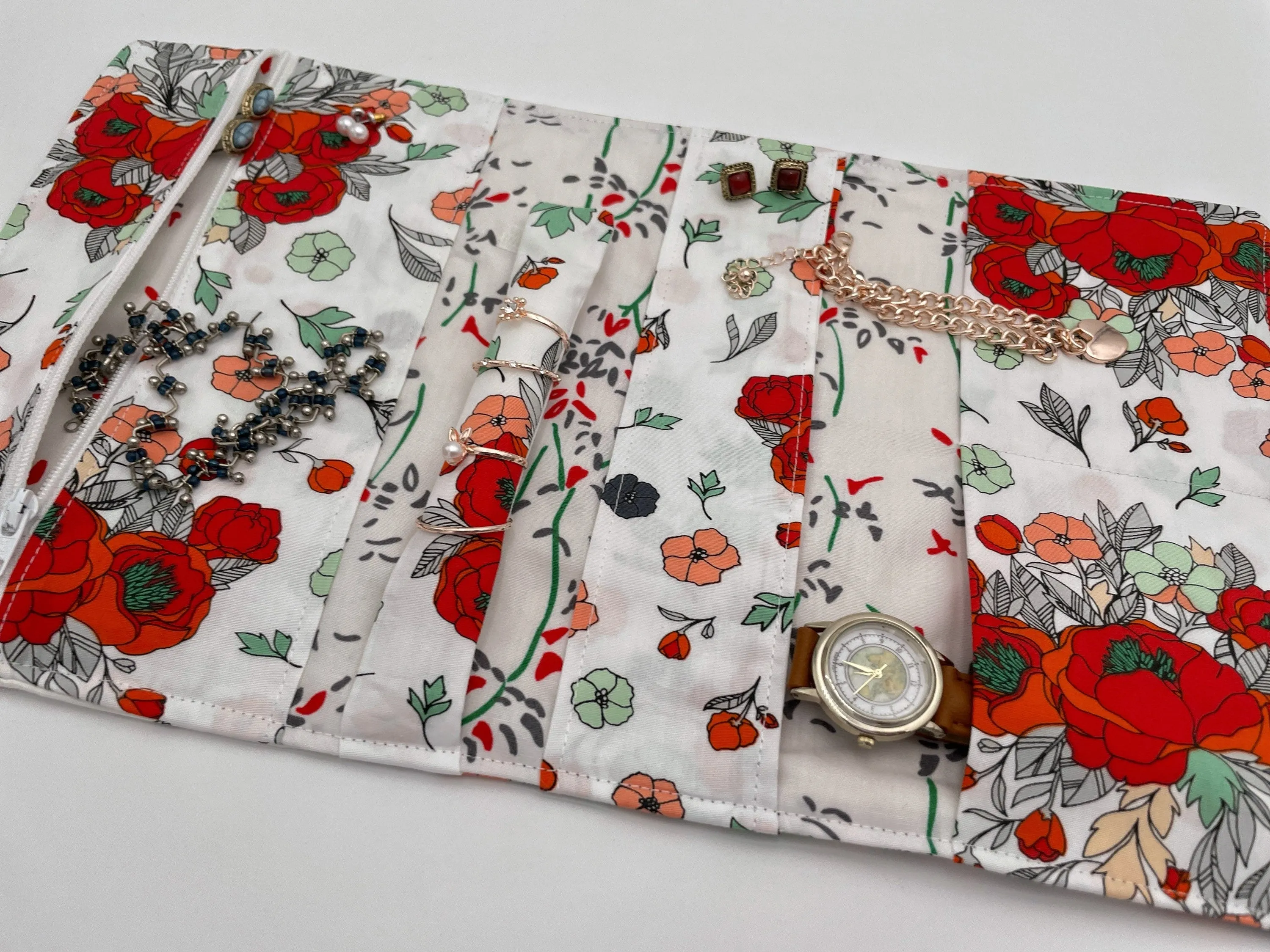 Red Floral Jewelry Roll, Travel Jewelry Box, Soft Overnight Jewelry Organizer, Ring Holder