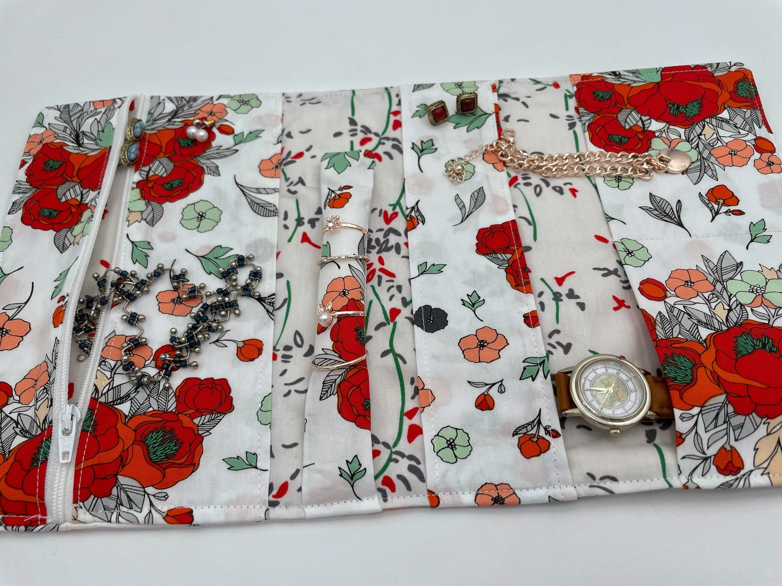 Red Floral Jewelry Roll, Travel Jewelry Box, Soft Overnight Jewelry Organizer, Ring Holder