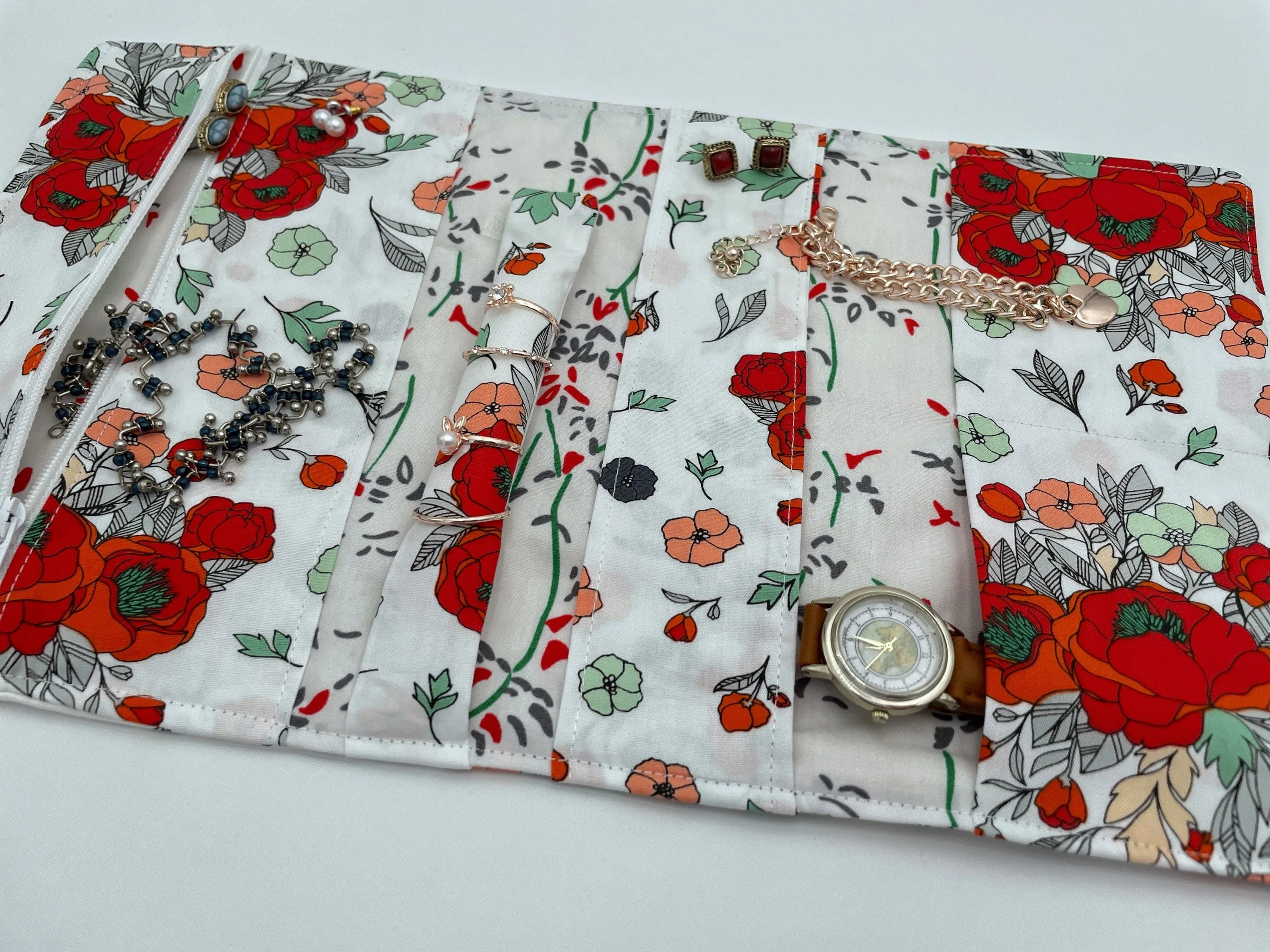 Red Floral Jewelry Roll, Travel Jewelry Box, Soft Overnight Jewelry Organizer, Ring Holder