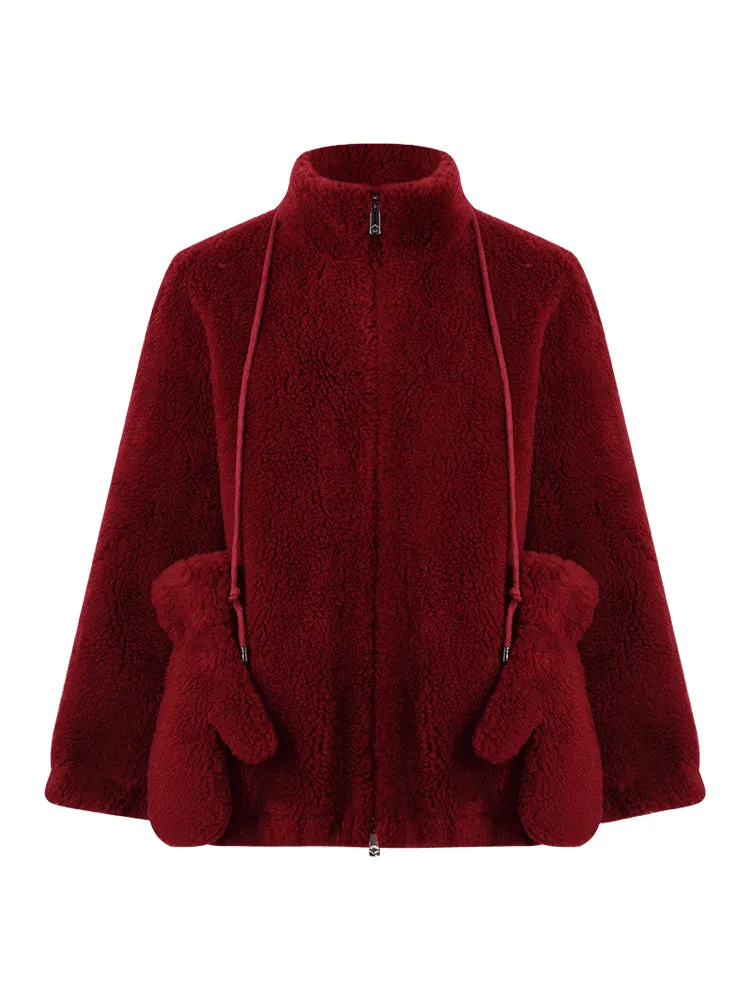 Short Stand Collar Zippered Velour Women Coat With Gloves