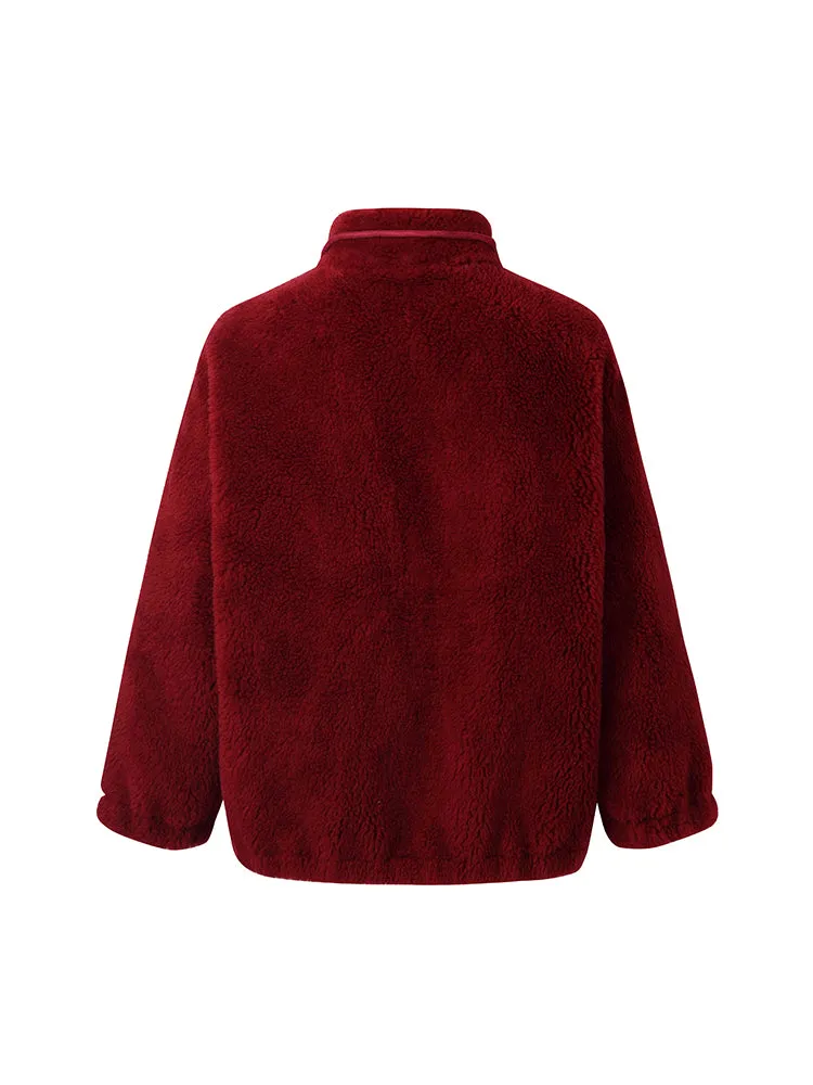 Short Stand Collar Zippered Velour Women Coat With Gloves