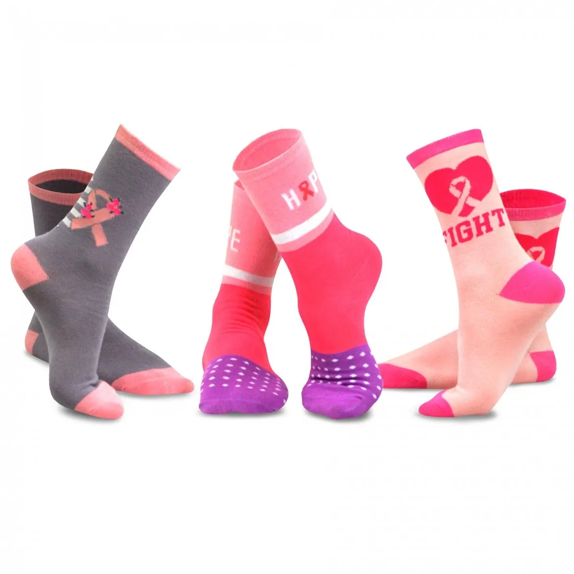 TeeHee Socks Women's Pink Ribbon 3 Cotton Crew 3-Pack (12159)