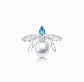 THIALH - FAUNA & FLORA - Bee Aquamarine and Diamond in 18K White Gold Pearl Pendant Brooch