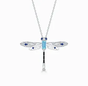 THIALH - FAUNA & FLORA - Dragonfly, Aquamarine, Sapphire and Diamond in 18K White Gold Necklace