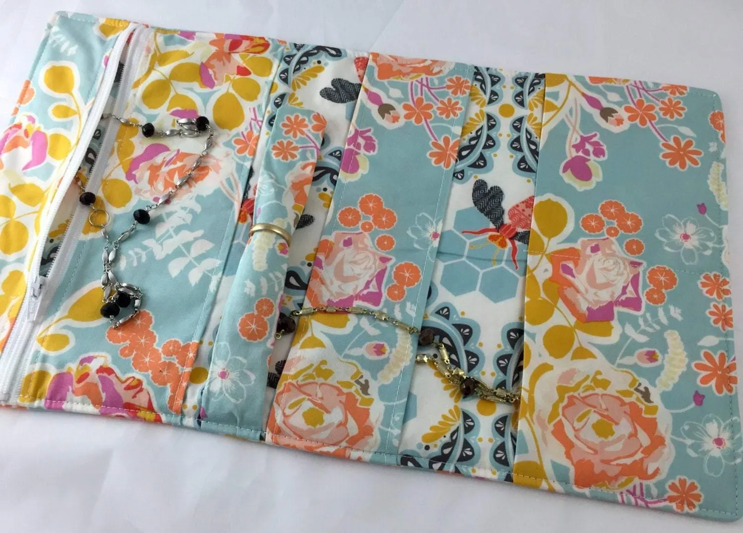 Travel Jewelry Case, Ring Holder, Jewelry Roll, Floral Blue